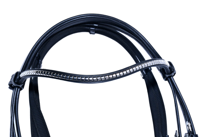 #7-Rolled Leather Bridle w/Metal Designed Browband & Anti-Slip Rubber Reins with stops