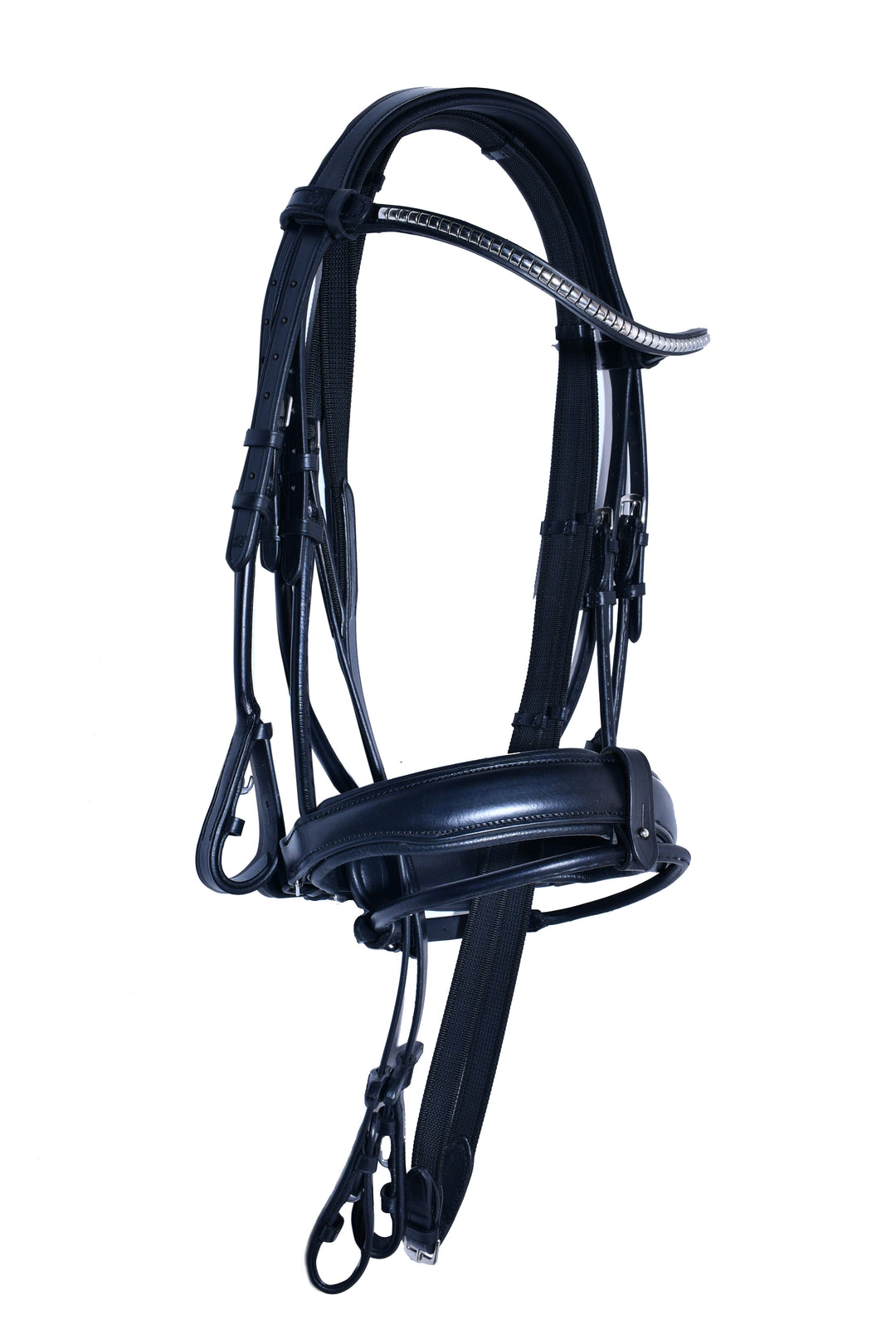 #7-Rolled Leather Bridle w/Metal Designed Browband & Anti-Slip Rubber Reins with stops