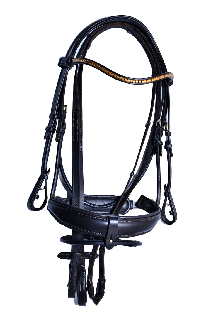 #7-Rolled Leather Bridle w/Metal Designed Browband & Anti-Slip Rubber Reins with stops