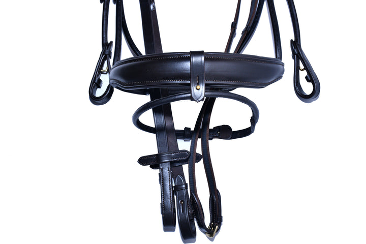 #7-Rolled Leather Bridle w/Metal Designed Browband & Anti-Slip Rubber Reins with stops