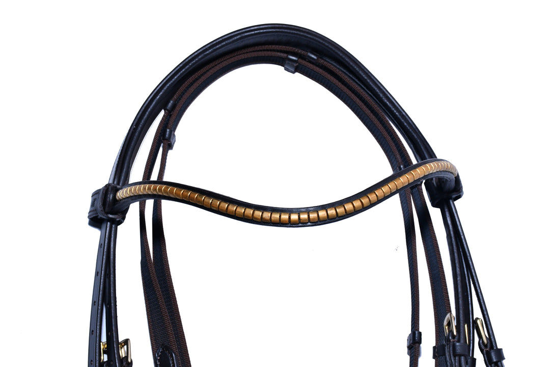 #7-Rolled Leather Bridle w/Metal Designed Browband & Anti-Slip Rubber Reins with stops