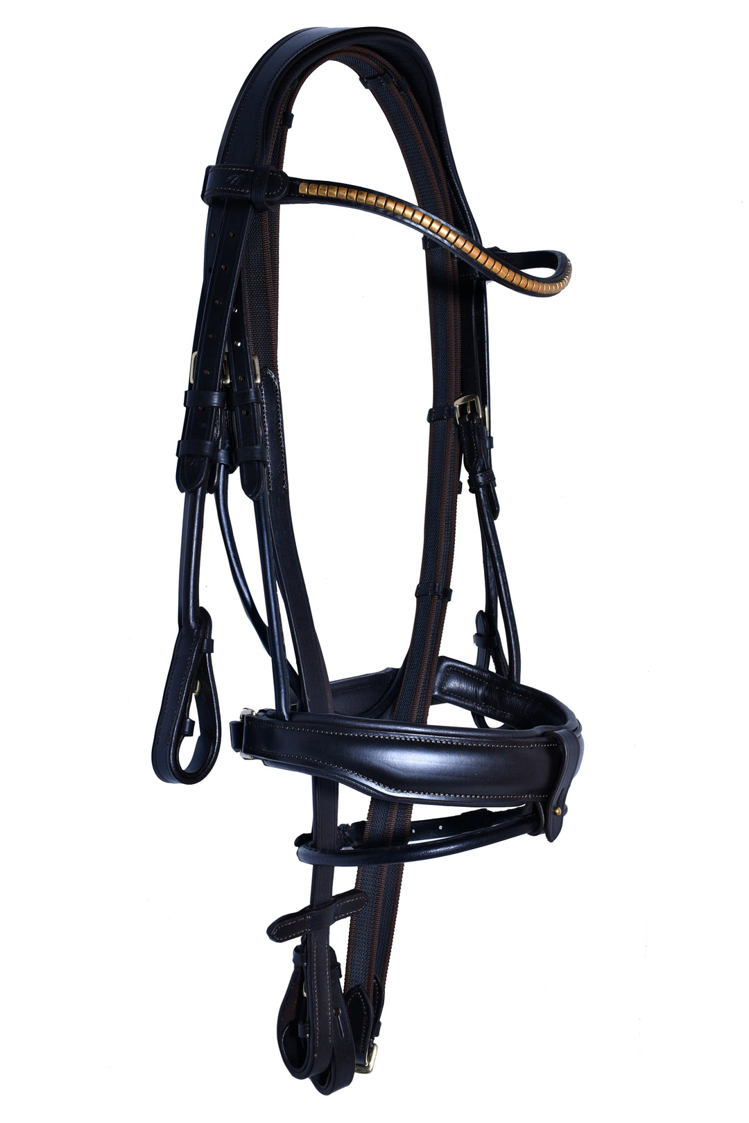 #7-Rolled Leather Bridle w/Metal Designed Browband & Anti-Slip Rubber Reins with stops