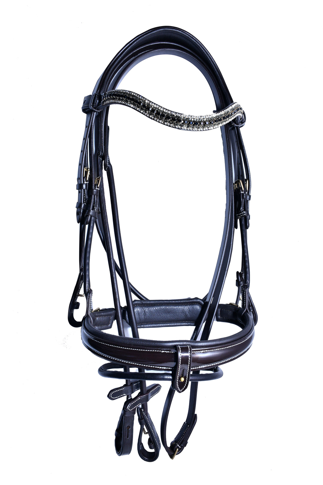 #10-Rolled English Leather Bridle w/Patent Leather Noseband, Multi Colored Crystal Browband & Rolled Reins