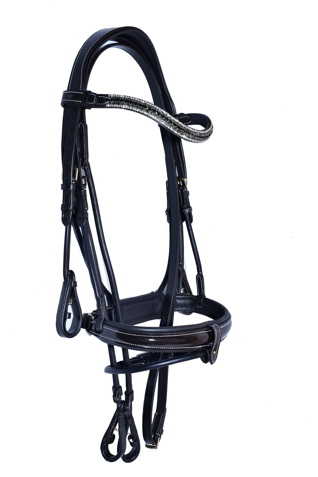 #10-Rolled English Leather Bridle w/Patent Leather Noseband, Multi Colored Crystal Browband & Rolled Reins