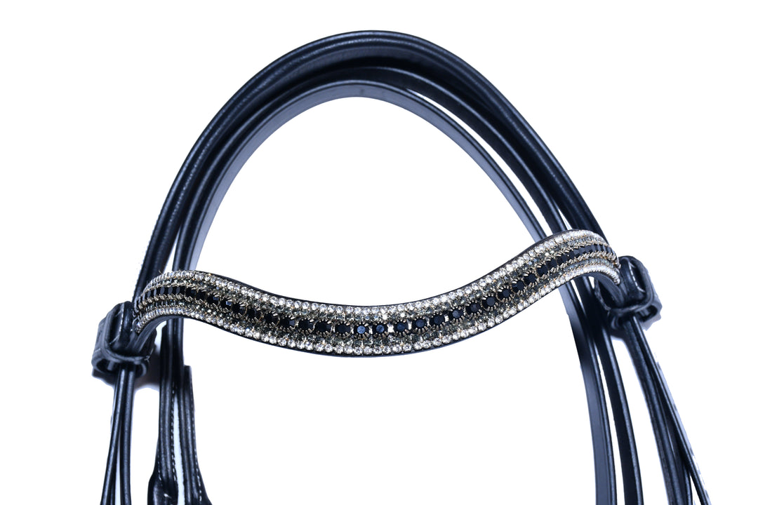 #10-Rolled English Leather Bridle w/Patent Leather Noseband, Multi Colored Crystal Browband & Rolled Reins