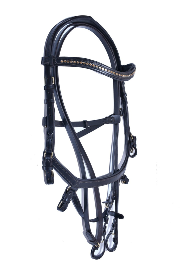 #9-Ergonomic Designed Bridle has a Crystal Leather Browband w/Full Grain English Leather Reins