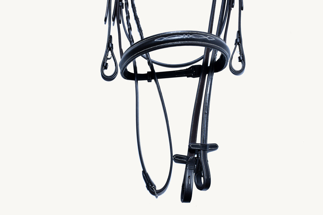 #30 Hunter Snaffle Full Grain Leather Bridle w/ White Stitched Design on Brow & Nosebands, White Stitched Laced Reins