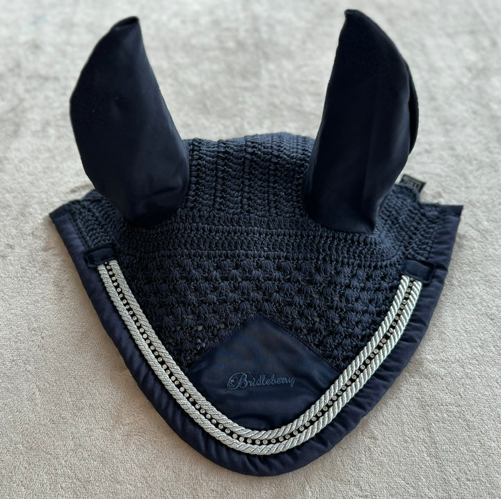 Navy Crocheted Ear Bonnet Edged in Cord & Crystals