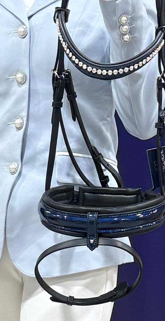 #57 Extra Padded Snaffle Bridle, BLUE Patent Leather Noseband & Crystal Browband w/ English Leather Rubber Lined Reins