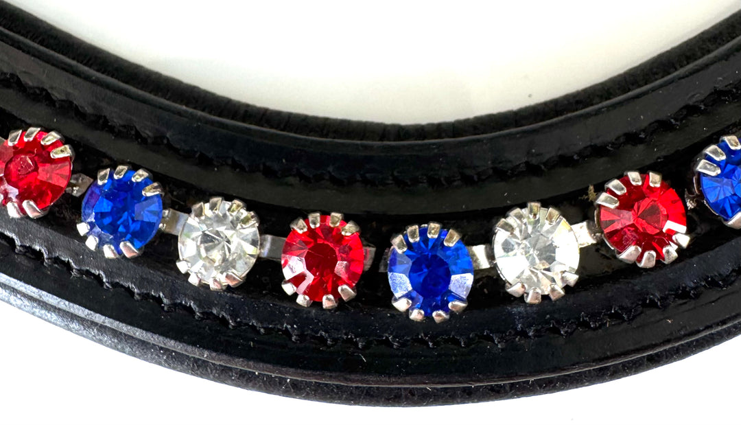 #112 Leather Browband w/ single row of Crystals in Red, White & Blue