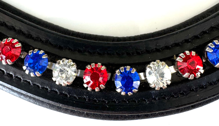 #112 Leather Browband w/ single row of Crystals in Red, White & Blue