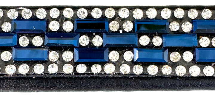 #104 Leather Browband w/5 rows of Crystals,3 rows in Blue & Clear Rectangle Pattern, Edged in Clear Crystals
