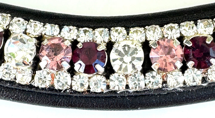 #107 Leather Browband w/Large/ Pink/Ruby/ Crystal pattern,Edged in Crystals