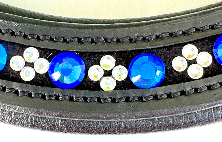 #145 Black Leather Browband w/Blue Crystals/group of 4 sm.Crystals, pattern