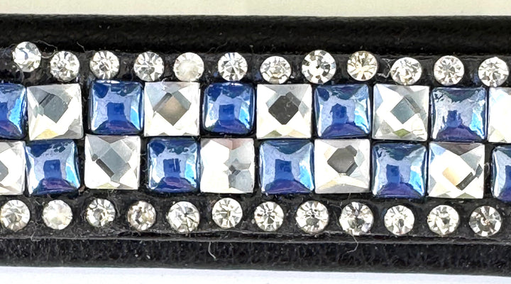 #106 Leather Browband with 4 rows, 2 rows in  Blue & Crystal Square Pattern, Edged in Crystals