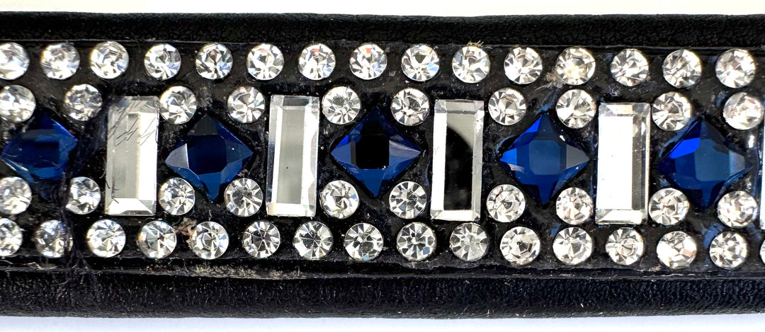 #110 Leather Browband w/ Rectangle Crystals & Blue Round Crystals, Edged in Crystals
