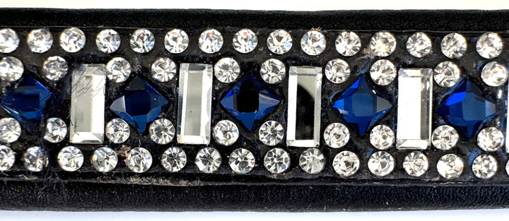 #110 Leather Browband w/ Rectangle Crystals & Blue Round Crystals, Edged in Crystals