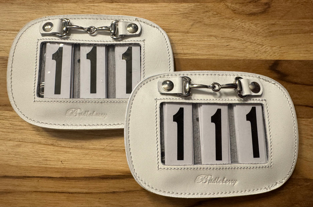 White Leather Number Holder Embellished w/Silver Bit Set of 2, 3 numbers