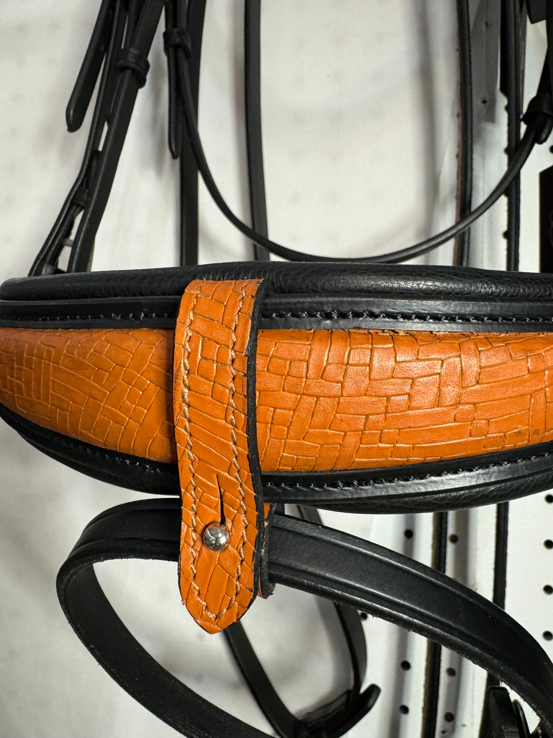 #54 Extra Padded Snaffle Bridle in Full Grain Leather, Two Tone Basket Weave Embossed Noseband w/Reins