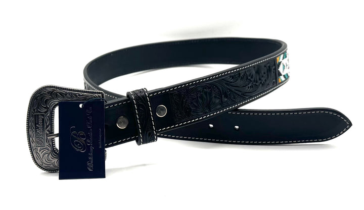 #502 Belt Hand Tooled Black Leather Floral Beaded