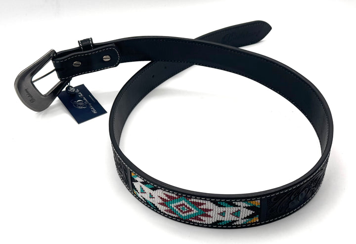 #502 Belt Hand Tooled Black Leather Floral Beaded