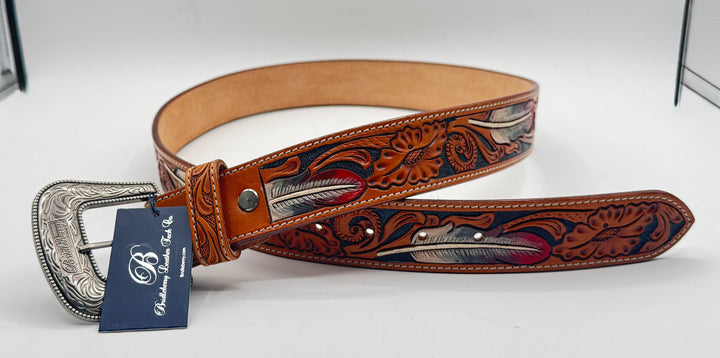#506 Belt Hand Tooled Feather Design