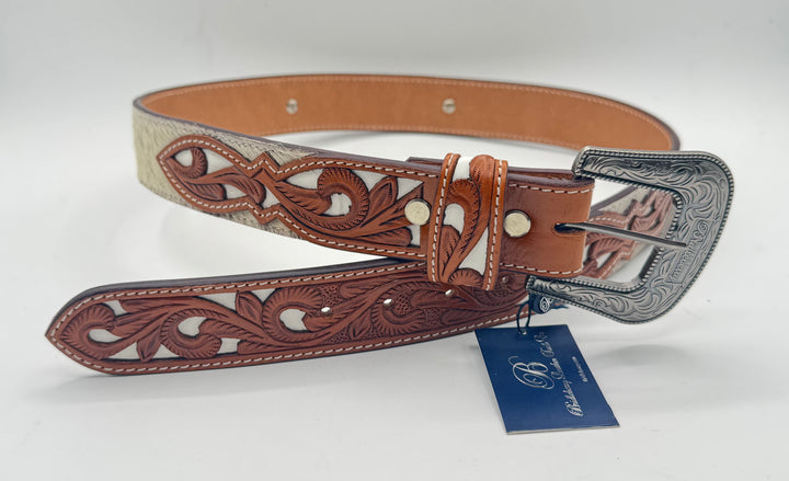 #505 Belt Hand Tooled Chestnut Cowhide w/overlay Leather