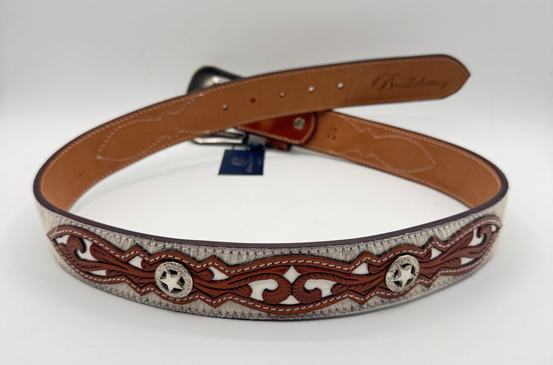 #505 Belt Hand Tooled Chestnut Cowhide w/overlay Leather