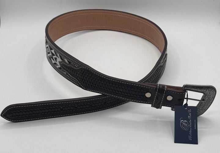 #508 Belt Hand Tooled & Beaded Full Grain Brown Leather