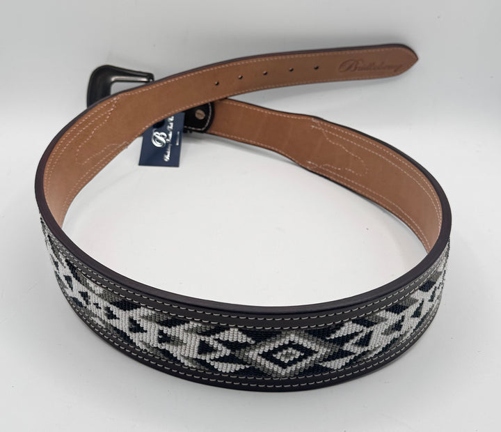 #508 Belt Hand Tooled & Beaded Full Grain Brown Leather