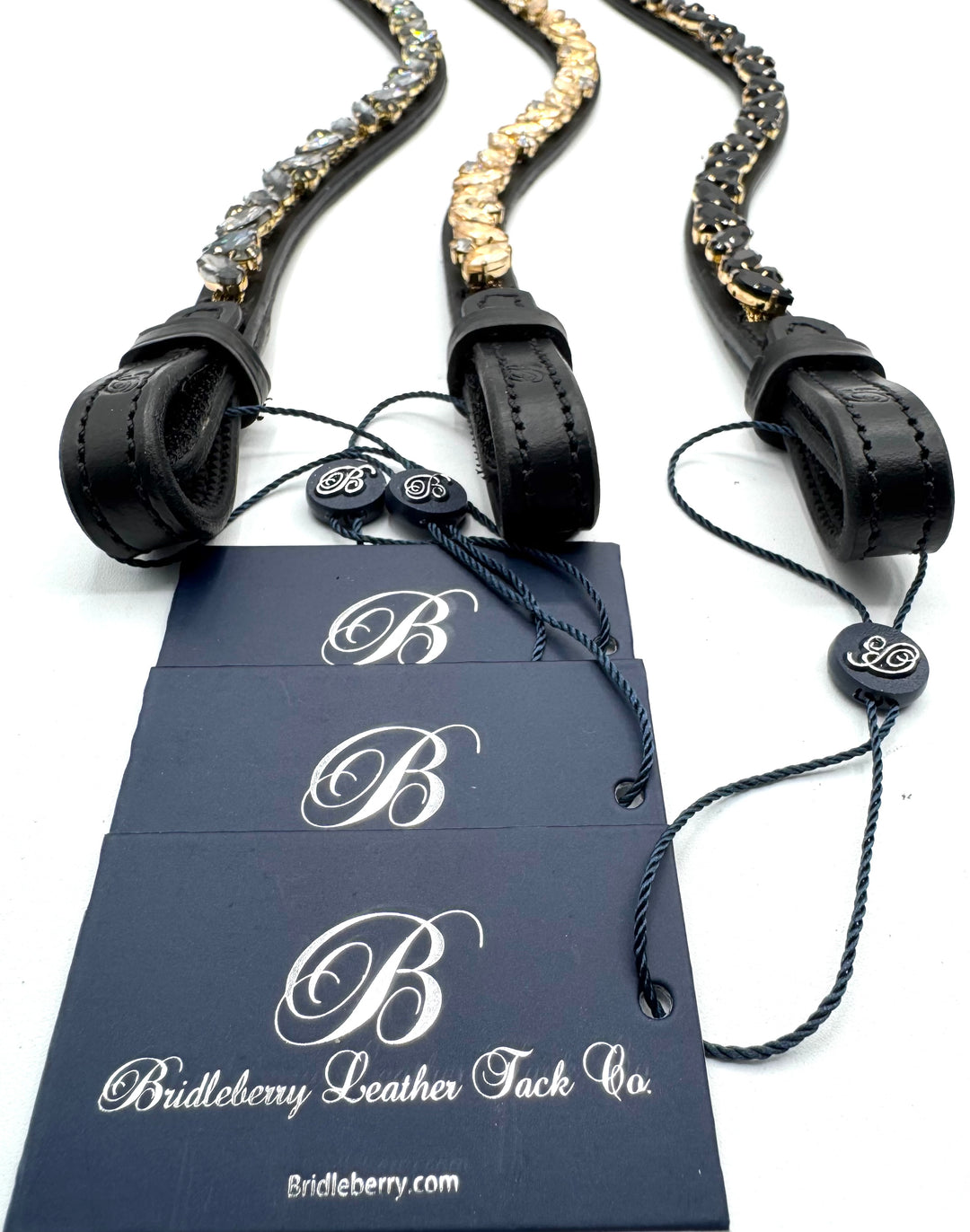 #147 Black Leather Browband, Black Marquise & Round Crystals set on Gold Mesh
