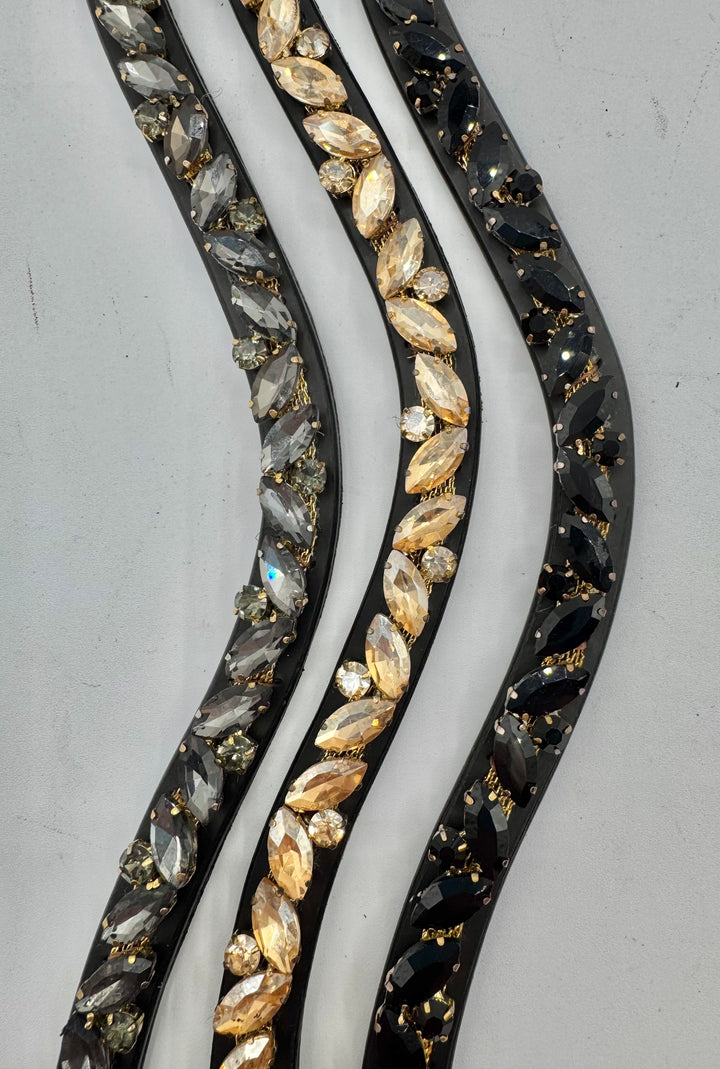 #147 Black Leather Browband, Black Marquise & Round Crystals set on Gold Mesh