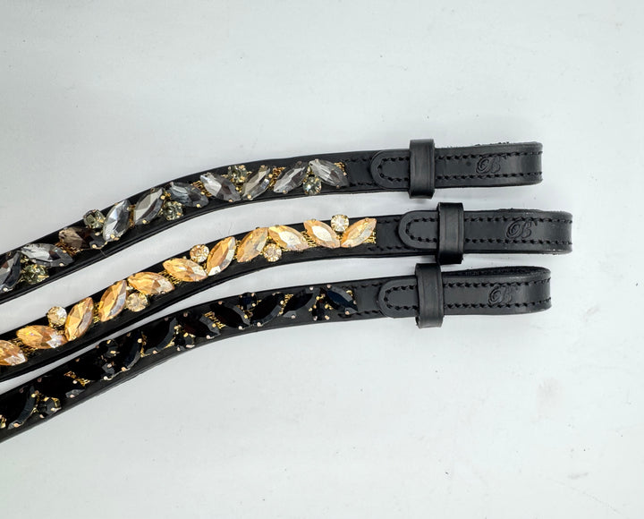 #148 Black Leather Browband, Gold Marquise & Round Crystals set on Gold Mesh