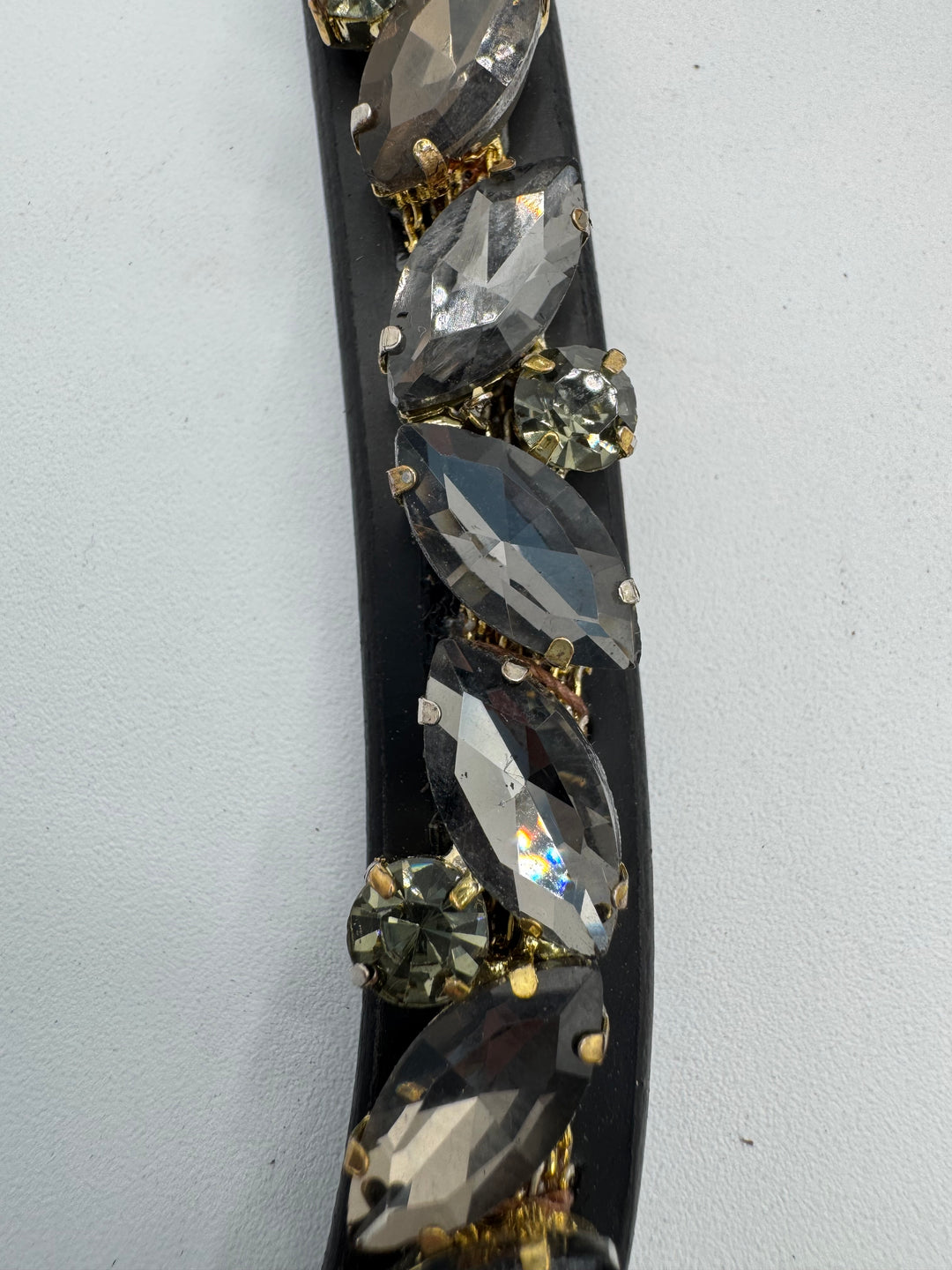 #149 Black Leather Browband, Grey Marquise & Round Crystals set on Gold Mesh