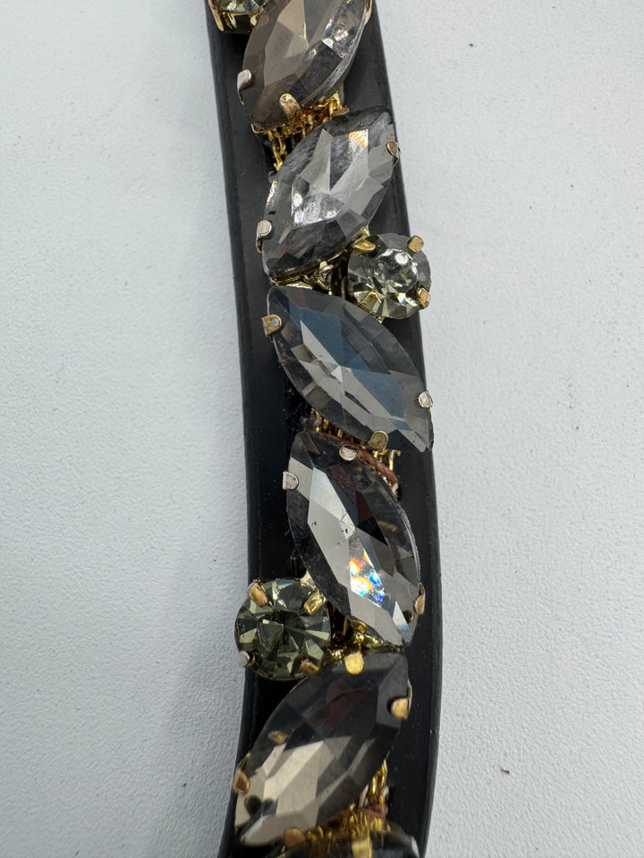 #149 Black Leather Browband, Grey Marquise & Round Crystals set on Gold Mesh