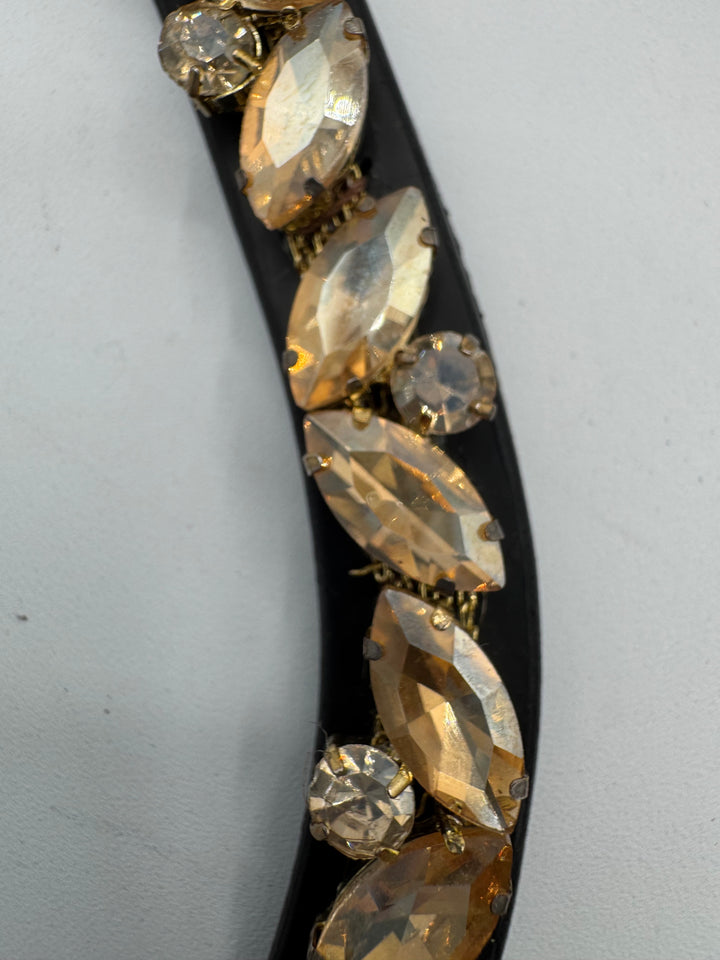 #148 Black Leather Browband, Gold Marquise & Round Crystals set on Gold Mesh