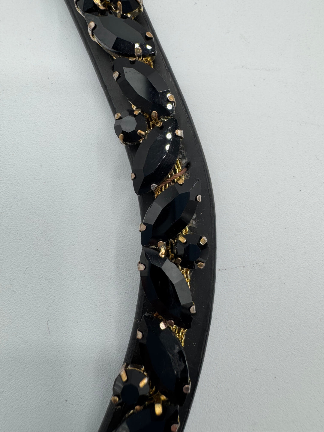 #147 Black Leather Browband, Black Marquise & Round Crystals set on Gold Mesh