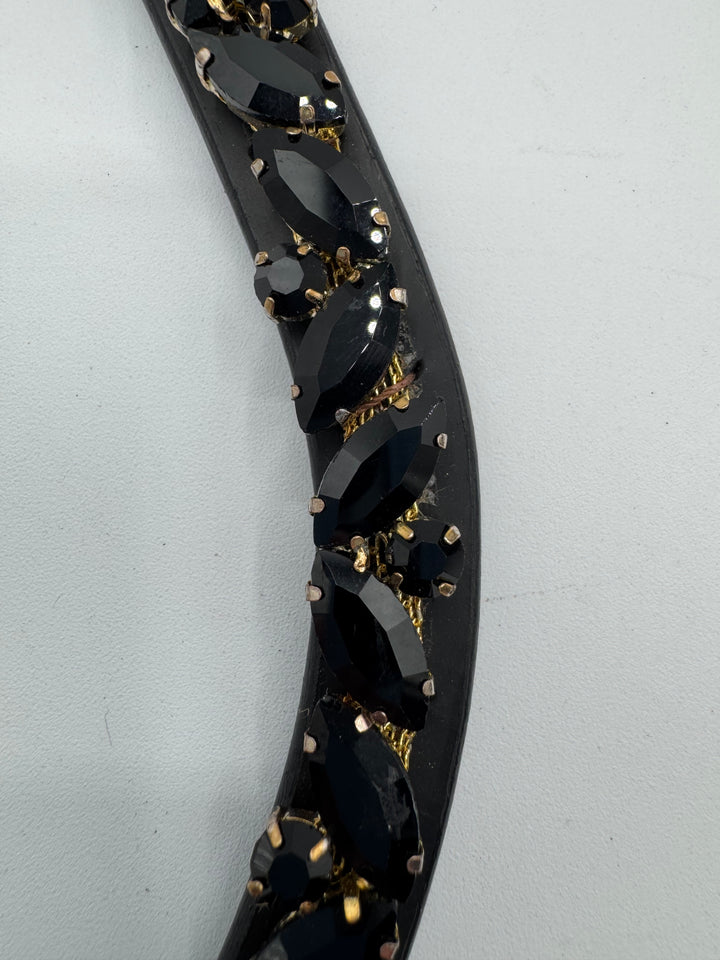 #147 Black Leather Browband, Black Marquise & Round Crystals set on Gold Mesh