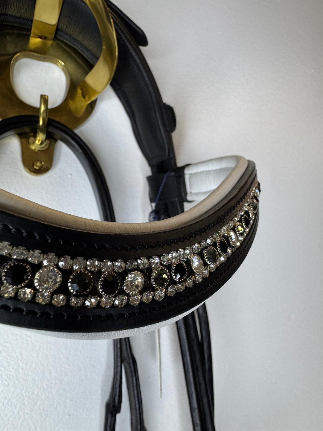 #22 Patent Leather Snaffle Bridle w/Channel Crown Piece,Rolled Leather,Black,Grey & Clear Crystal Browband