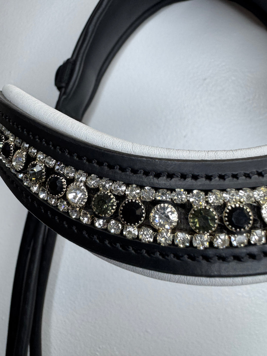 #22 Patent Leather Snaffle Bridle w/Channel Crown Piece,Rolled Leather,Black,Grey & Clear Crystal Browband