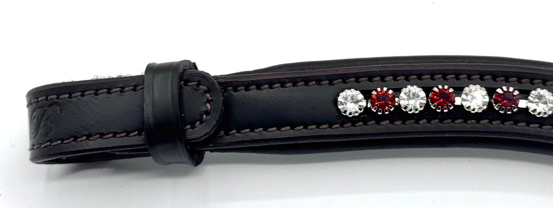 #209 Brown Leather Browband w/Scarlet & Clear Crystals