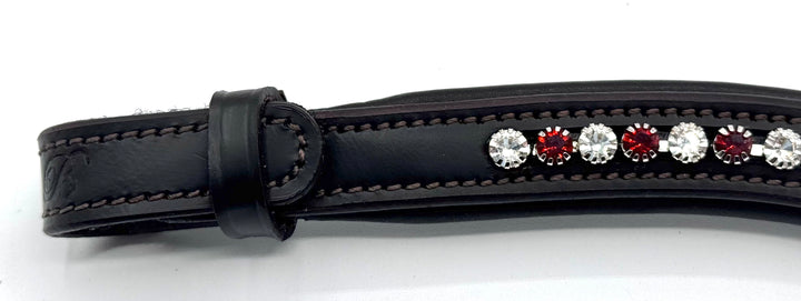 #209 Brown Leather Browband w/Scarlet & Clear Crystals
