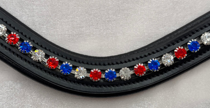 #112 Leather Browband w/ single row of Crystals in Red, White & Blue