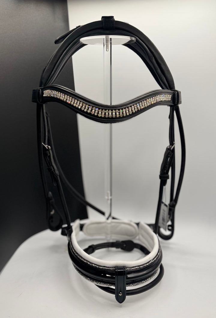 #55 x- Padded Rolled Bridle w/Patent Noseband Sparkle Trim, Channel Crown, Pearl & Crystal Brow, Rolled Reins