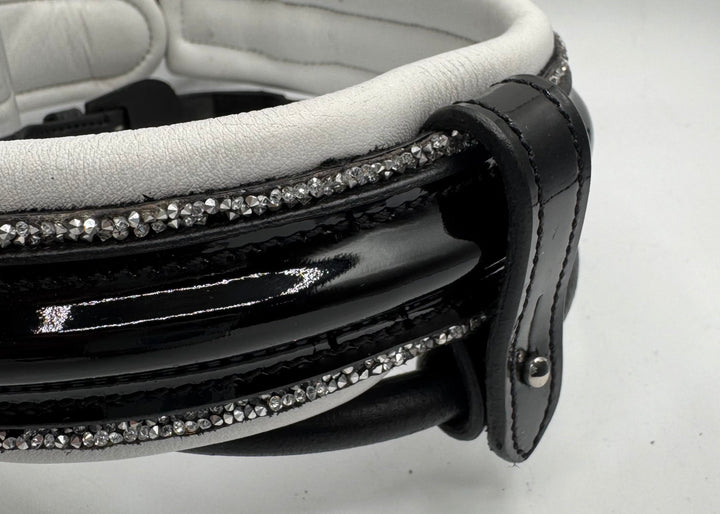 #55 x- Padded Rolled Bridle w/Patent Noseband Sparkle Trim, Channel Crown, Pearl & Crystal Brow, Rolled Reins