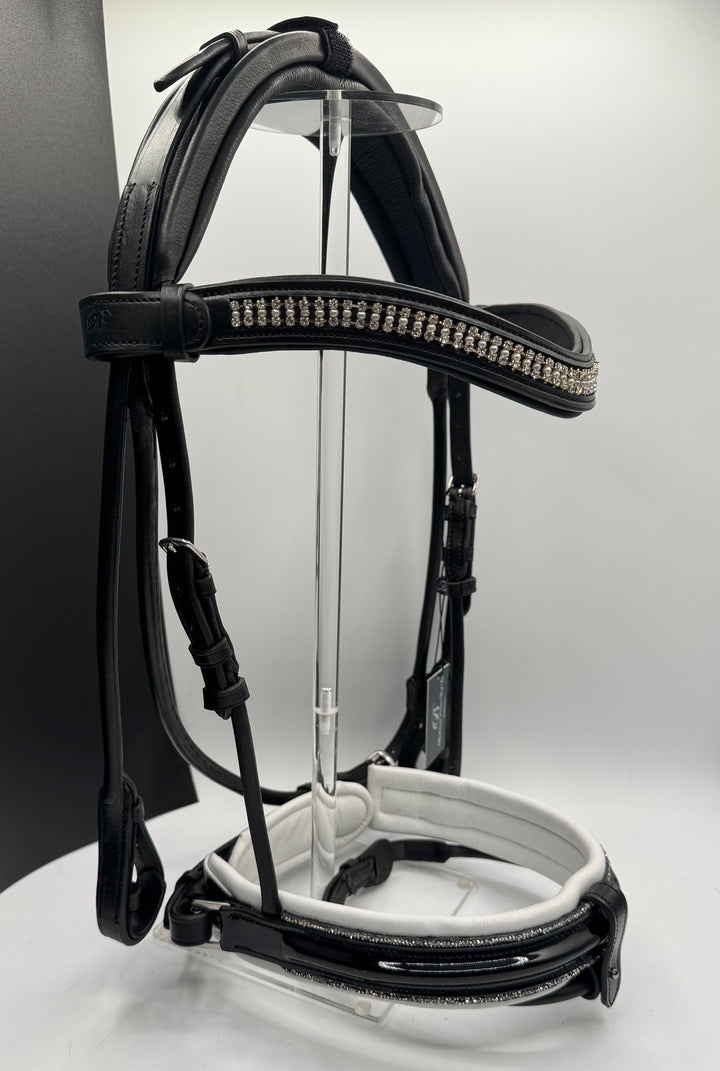 #55 x- Padded Rolled Bridle w/Patent Noseband Sparkle Trim, Channel Crown, Pearl & Crystal Brow, Rolled Reins