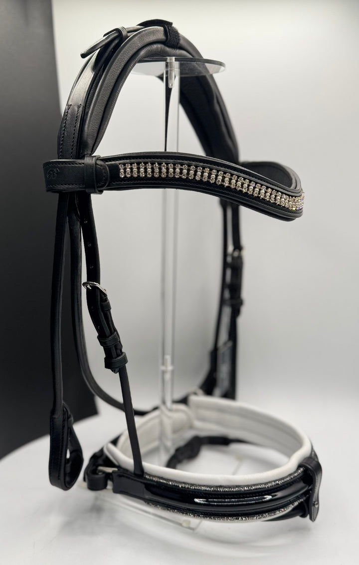 #55 x- Padded Rolled Bridle w/Patent Noseband Sparkle Trim, Channel Crown, Pearl & Crystal Brow, Rolled Reins