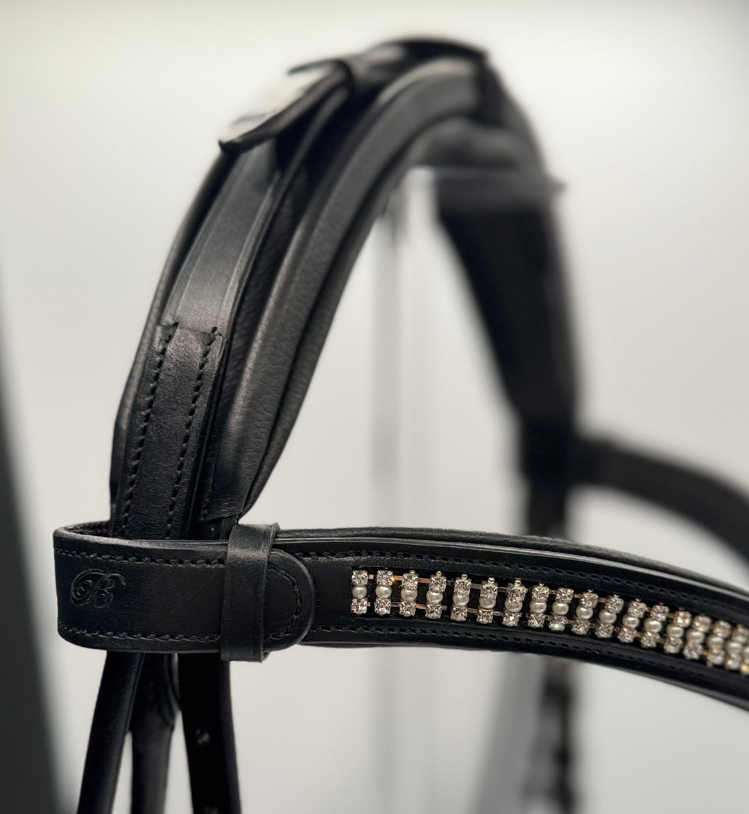 #55 x- Padded Rolled Bridle w/Patent Noseband Sparkle Trim, Channel Crown, Pearl & Crystal Brow, Rolled Reins