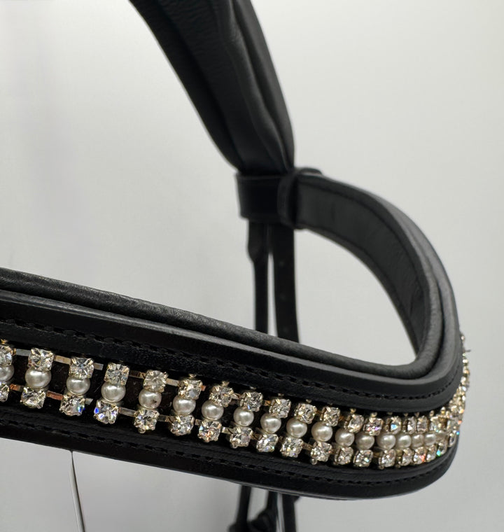 #55 x- Padded Rolled Bridle w/Patent Noseband Sparkle Trim, Channel Crown, Pearl & Crystal Brow, Rolled Reins
