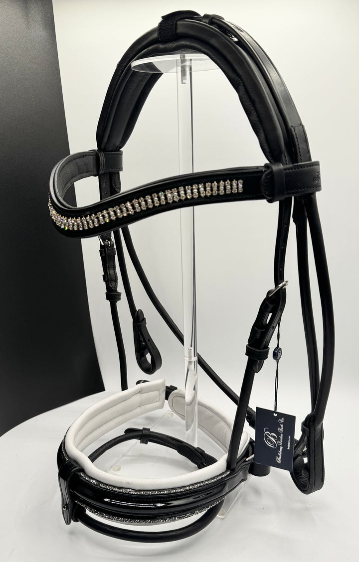 #55 x- Padded Rolled Bridle w/Patent Noseband Sparkle Trim, Channel Crown, Pearl & Crystal Brow, Rolled Reins